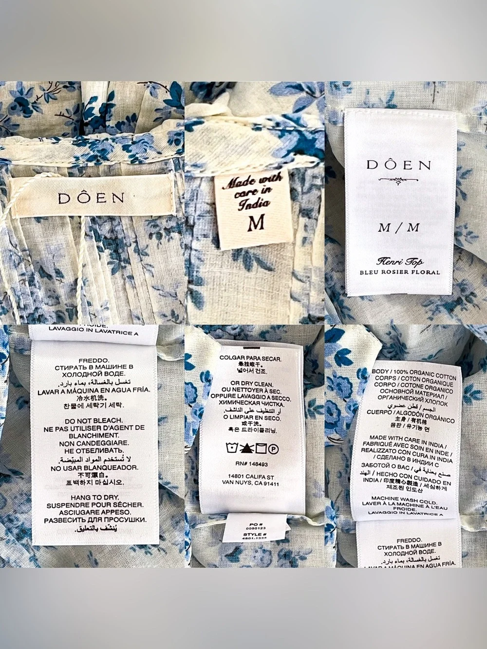 DÔEN Henri Top Bleu Rosier Floral Organic Cotton Medium NWOT